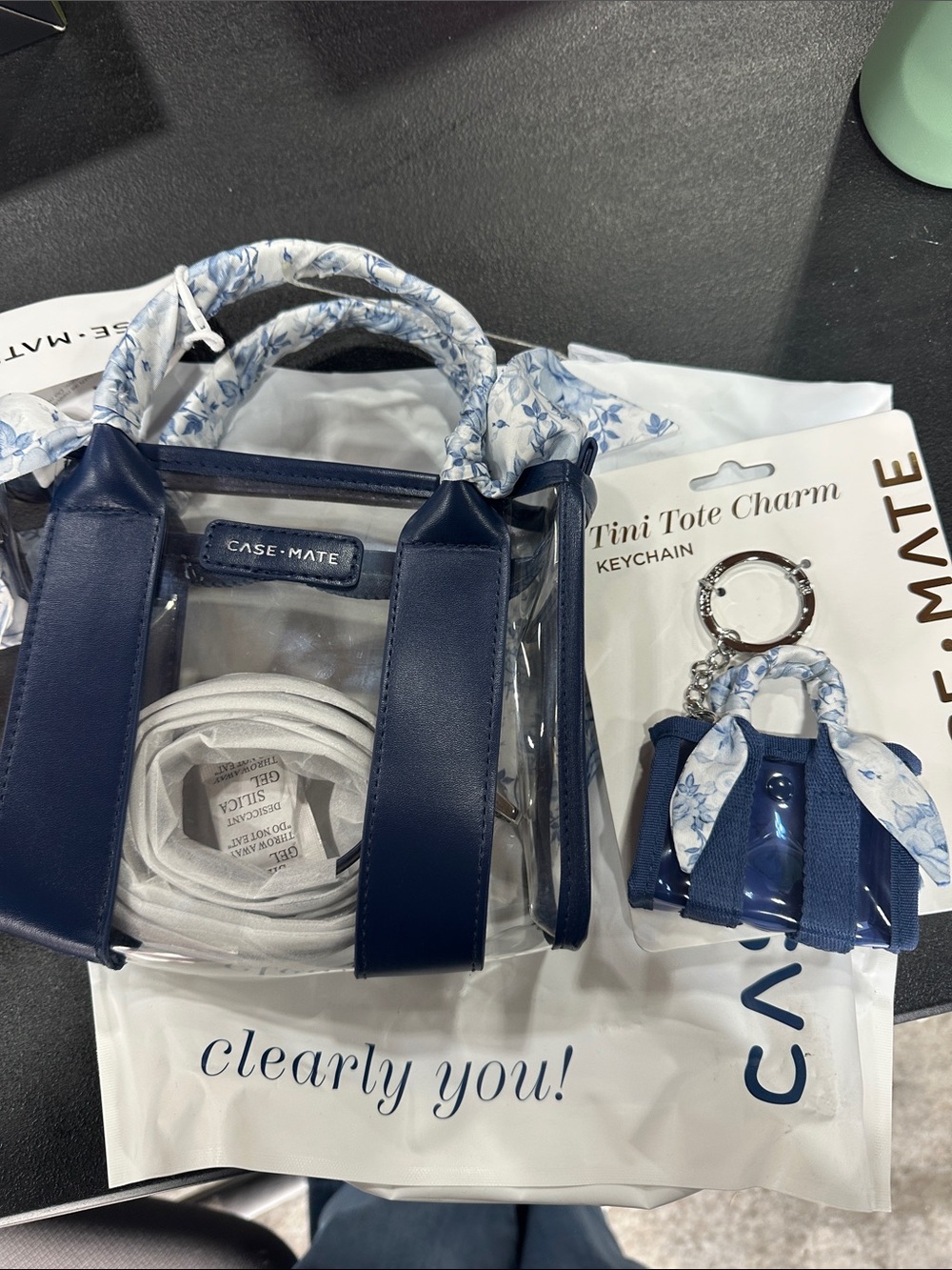 case-mate Navy Clear Tote with Blue Floral Scarf Handles and Mini Charm